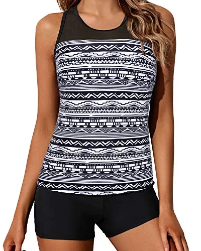 Sporty Two Piece Bathing Suit Mesh Shoulder Flattering Fit For Women-Black Tribal