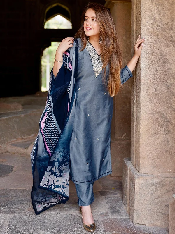 Women's Jumpsuits with High CollarBlue Embroidered Silk Blend Straight Suit With Dupatta