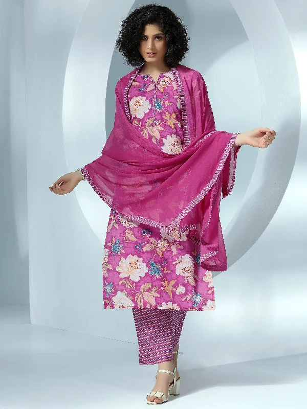 Women's Jumpsuits with U-Shaped CollarPink Printed Cotton Straight Suit With Dupatta