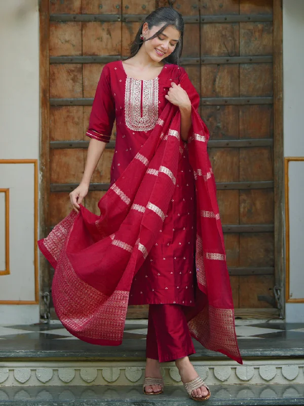 Women's Jumpsuits with Keyhole CollarPink Embroidered Silk Blend Straight Suit With Dupatta