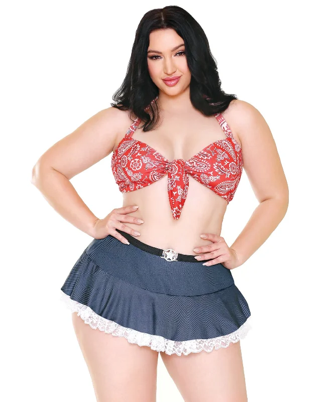 women's pajamas with moisture-wicking fabricCurve Woodys Roundup Halter Bra, Skirt W-lace Trim & Ruffled Panty Red-blue 3x-4x