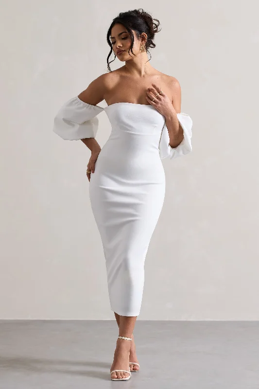 Women's Narrow Collar DressesKeira | White Bardot Puff-Sleeve Midi Dress