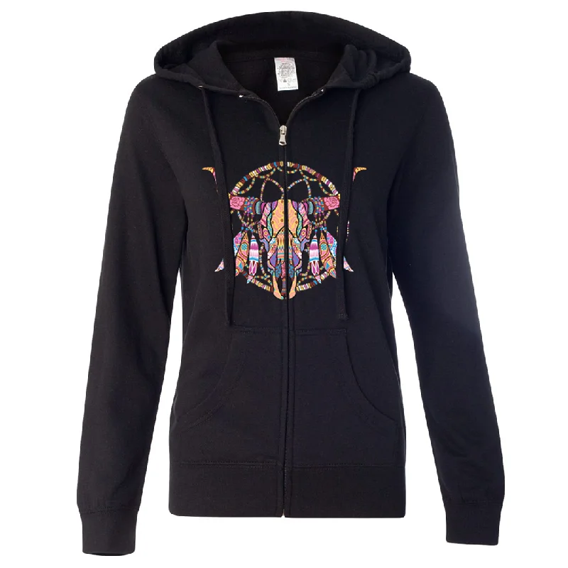 Women's Hooded Sweatshirts with Satin LiningCow Skull Mosaic Ladies Lightweight Fitted Zip-Up Hoodie