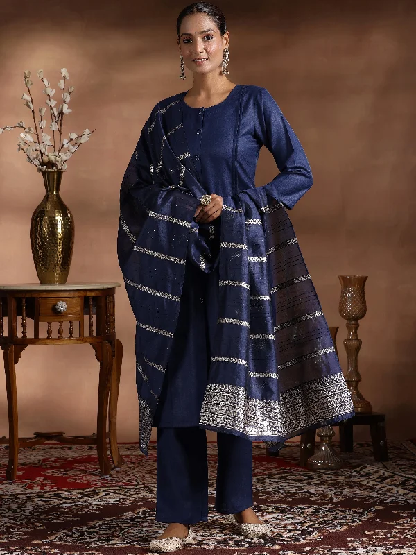 Women's Jumpsuits with Shirt CollarNavy Blue Solid Cotton Blend Straight Suit With Dupatta