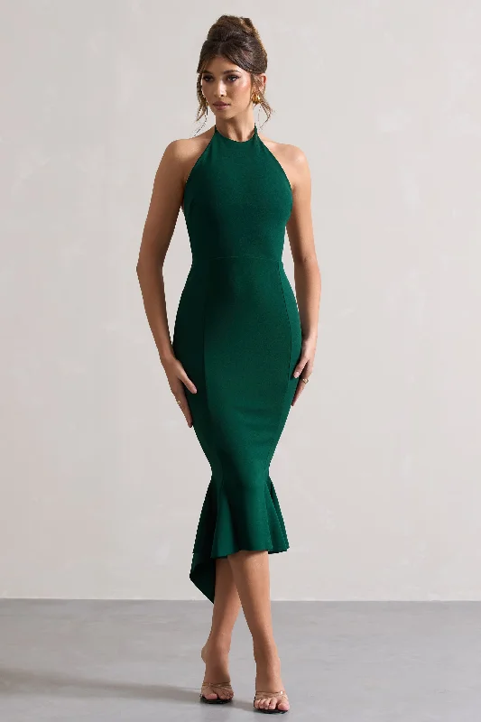 Women's Square Collar DressesMaluma | Bottle Green Halter-Neck Midi Dress