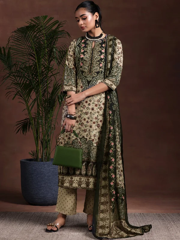 Women's Jumpsuits with V-Shaped HemBeige Printed Poly Crepe Straight Suit With Dupatta