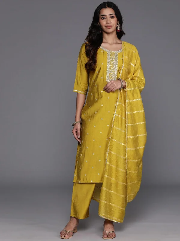 Women's Jumpsuits with Mandarin CollarYellow Yoke Design Silk Blend Straight Suit With Dupatta