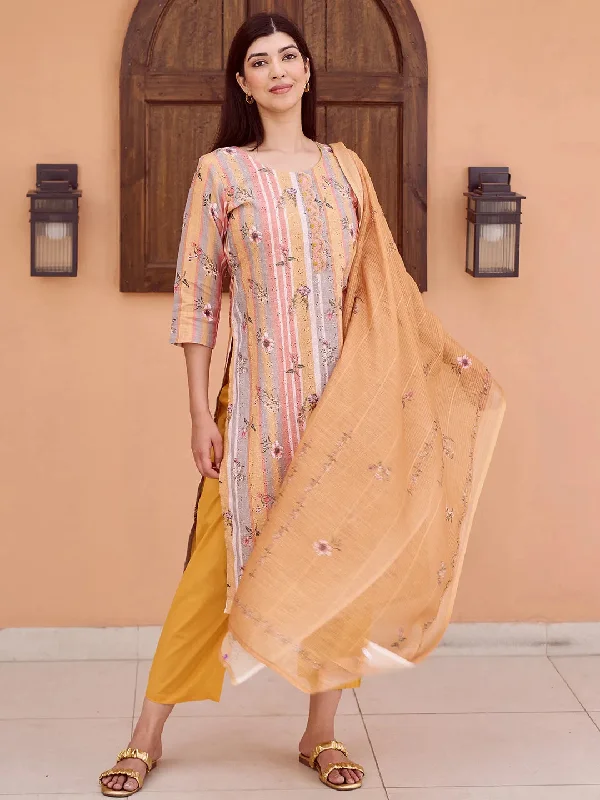 Women's Jumpsuits with U-Shaped CollarMustard Striped Cotton Straight Suit With Dupatta