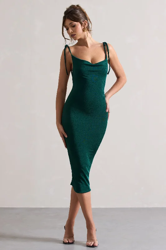 Women's Peter Pan Collar DressesIrina | Bottle Green Cowl-Neck Bodycon Midi Dress