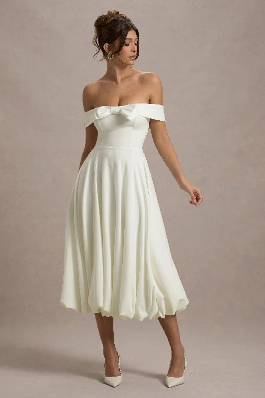 Women's Long-Sleeve DressesCalliopia | Cream Bow Bardot Midi Dress With Puff-Ball Skirt