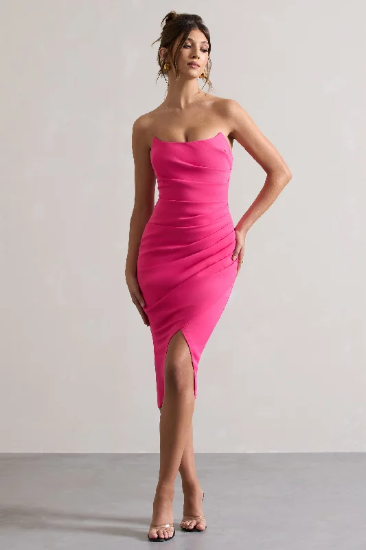 Women's Narrow Collar DressesSoulmate | Hot Pink Bandeau Midi dress