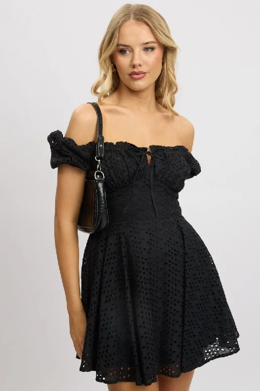 Women's Narrow-Neck DressesBlack Fit And Flare Dress Mini Eyelet Fabric