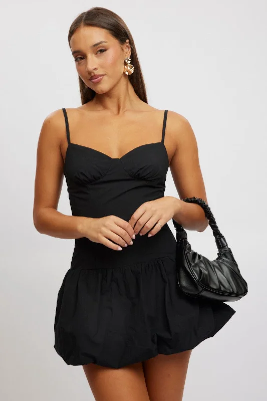 Women's V-Shaped-Neck DressesBlack Bubble Dress Mini Strappy