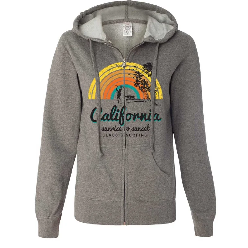 Women's Hooded Sweatshirts with Loose WaistCalifornia Classic Sunrise Surfing Ladies Lightweight Fitted Zip-Up Hoodie