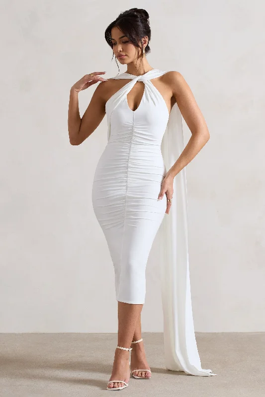 Women's Mandarin Collar DressesFreedom | White Strappy Asymmetric Cut-Out Midi Dress With Cape