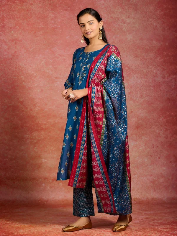 Women's Jumpsuits with Mandarin CollarBlue Printed Silk Blend Straight Suit With Dupatta