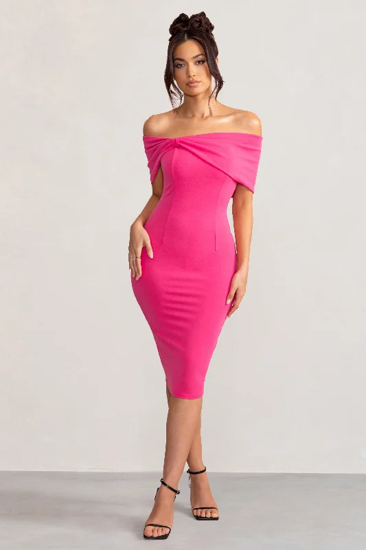 Women's Notched Collar DressesAlyssa | Hot Pink Bardot Bow Detail Midi Dress