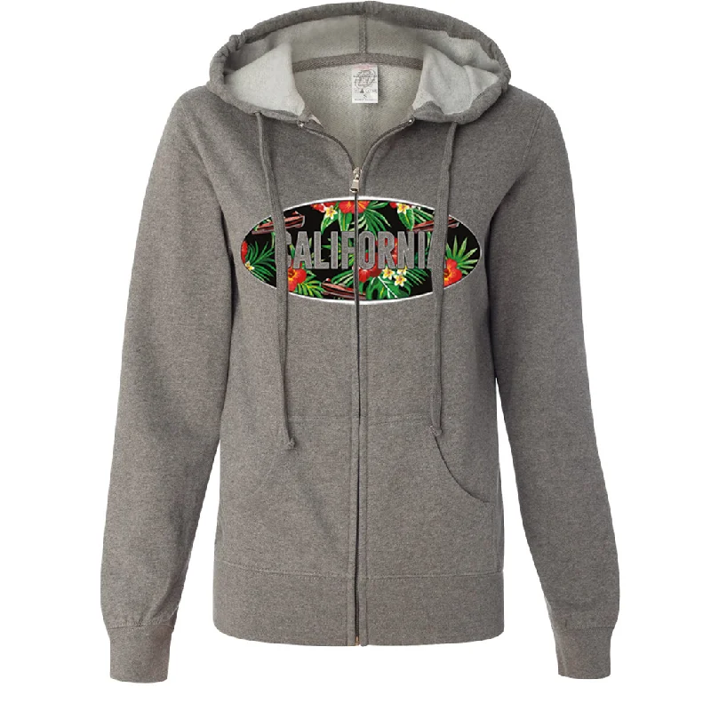 Women's Hooded Sweatshirts with Jacquard LiningCalifornia Tropical Flowers Logo Ladies Lightweight Fitted Zip-Up Hoodie