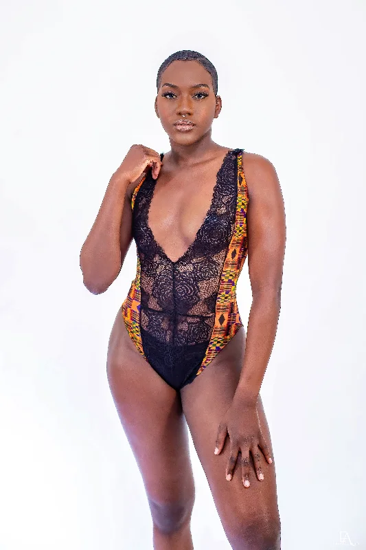 convertible halter braMakeda Lace and Kente print Mesh Bodysuit