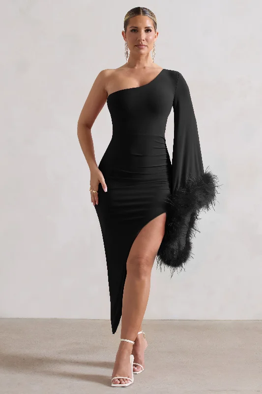 Women's Turtleneck DressesJuly | Black Asymmetric One Shoulder Cape Midi Dress With Feathers