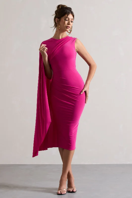 Women's Off-Shoulder DressesReveal | Dark Pink One-Sleeve Cape Midi Dress