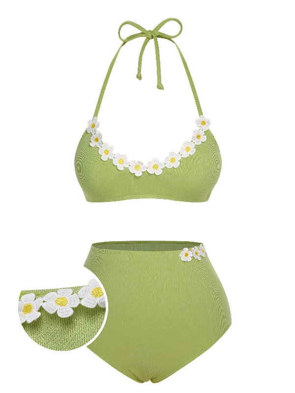 Light Green 1960s Halter Knit Daisy Swimsuit