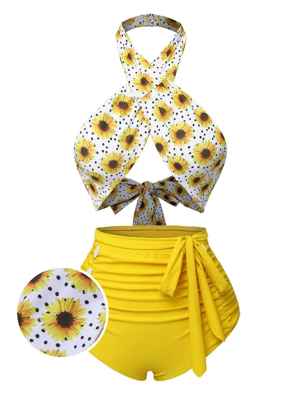 Yellow 1950s Sunflower Cross Halter Swimsuit