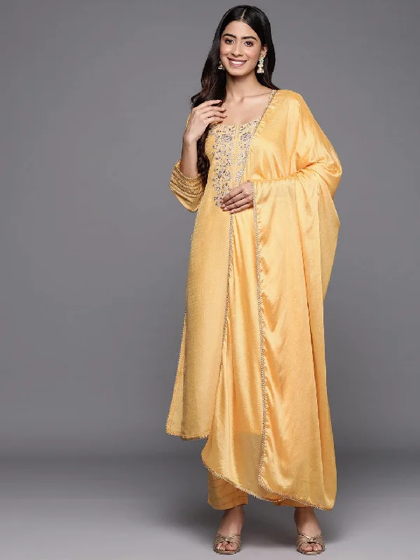 Women's Jumpsuits with Mid WaistYellow Yoke Design Silk Blend Straight Kurta With Trousers & Dupatta