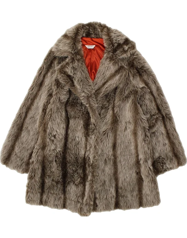 Women's Coats with Fur Trimmed BeltVINTAGE Womens Faux Fur Overcoat UK 14 Large Grey Striped