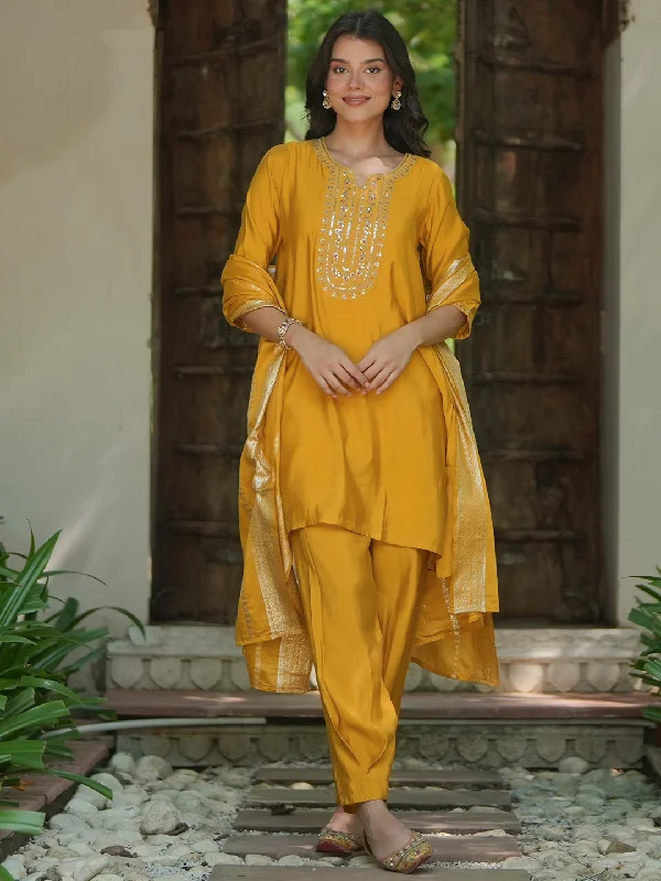 Women's Jumpsuits with Rounded CollarYellow Yoke Design Silk Blend Straight Suit With Dupatta