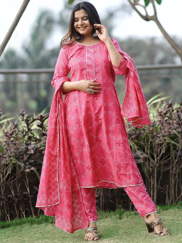 Women's Jumpsuits with Cropped LengthPink Printed Cotton A-Line Kurta With Dupatta