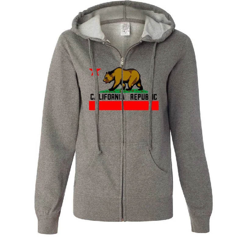 Women's Hooded Sweatshirts with Plush LiningCalifornia Republic Borderless Bear Flag Black Text Ladies Zip-Up Hoodie