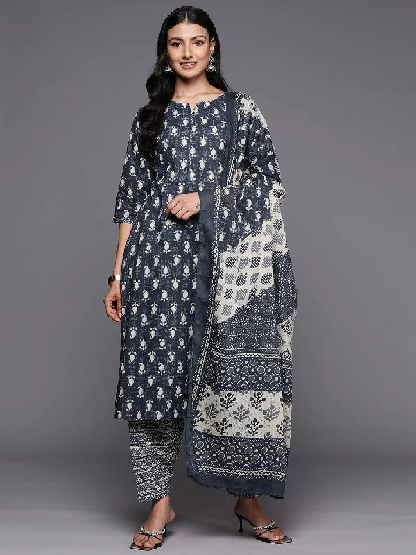 Women's Jumpsuits with Rounded CollarGrey Printed Cotton Straight Kurta With Salwar & Dupatta