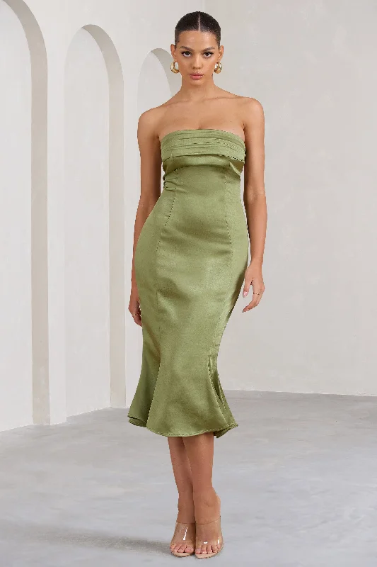 Women's Fit and Flare DressesSauvignon | Olive Satin Bandeau Midi Dress With Cowl Back