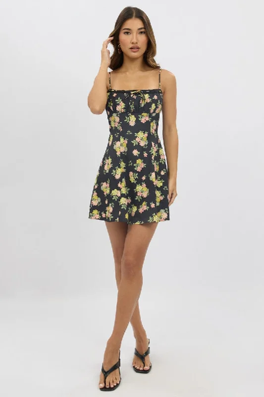 Women's High Collar DressesBlack Floral Mini Dress Strappy