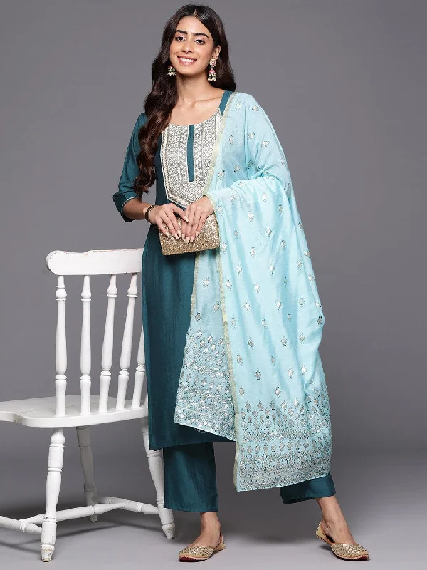 Women's Jumpsuits with Shirt CollarBlue Yoke Design Silk Blend Straight Suit With Dupatta