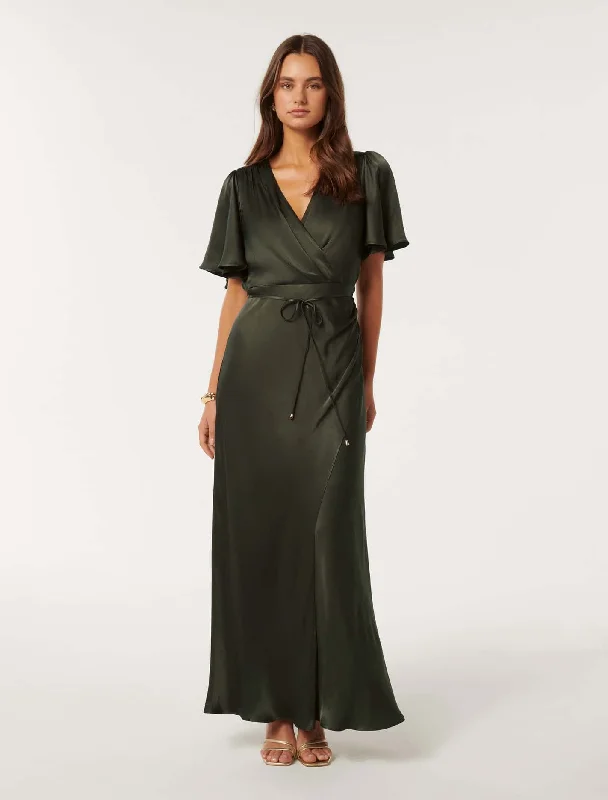 Women's V-Back DressesChelsea Flutter Sleeve Satin Maxi Dress