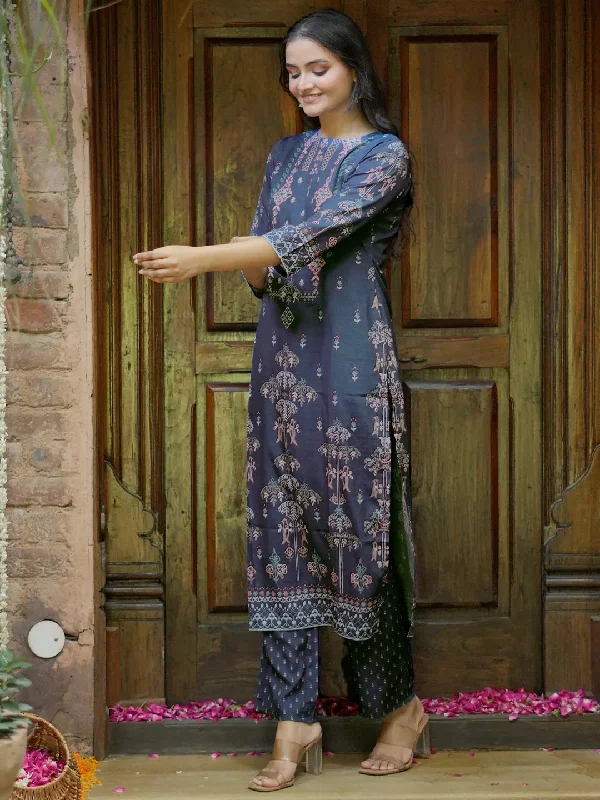 Women's Jumpsuits with Keyhole CollarGrey Printed Crepe Straight Kurta Set