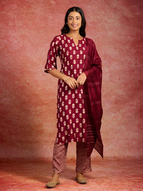 Women's Jumpsuits with Flared LegMaroon Printed Silk Blend Straight Suit With Dupatta