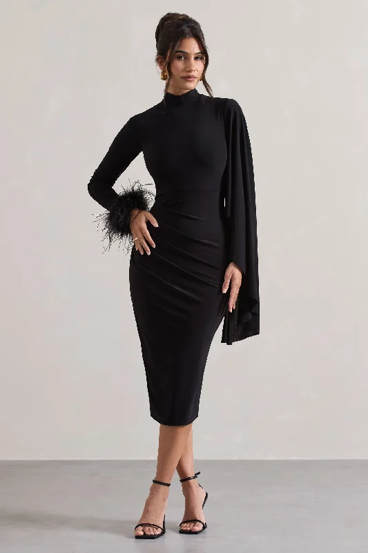 Women's Collarless DressesTamika | Black High-Neck Cape-Sleeve Midi Dress With Feathers