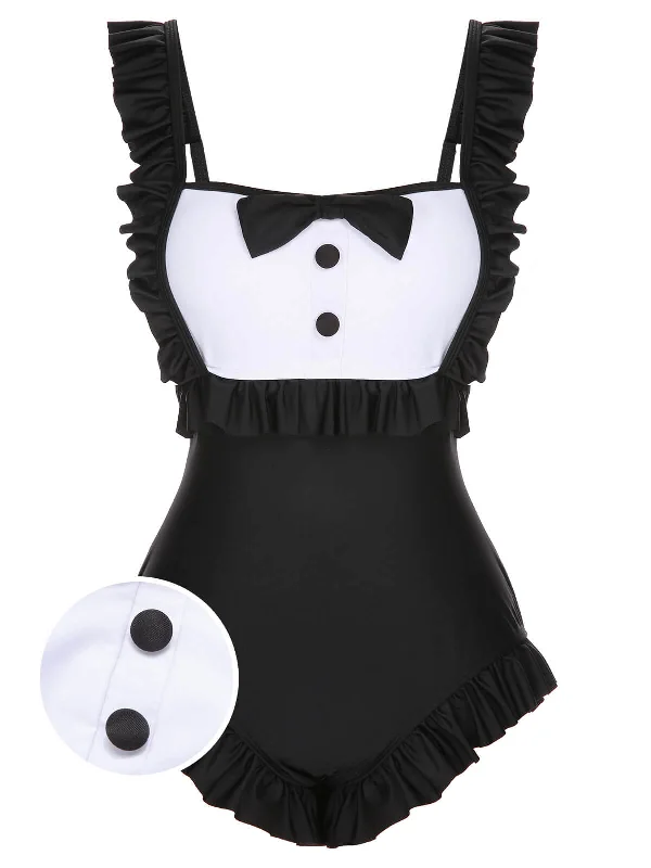 Black 1960s Tuxedo Ruffle Strap Swimsuit