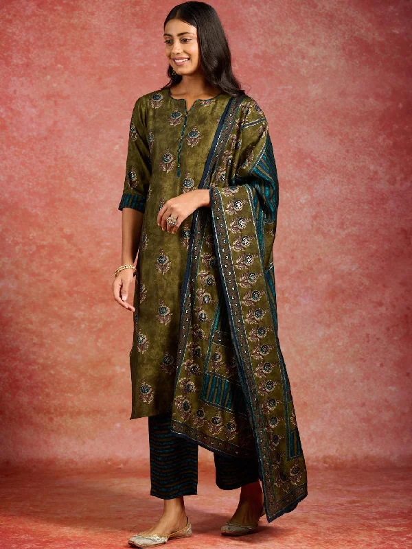 Women's Jumpsuits with Flared LegOlive Printed Silk Blend Straight Suit With Dupatta