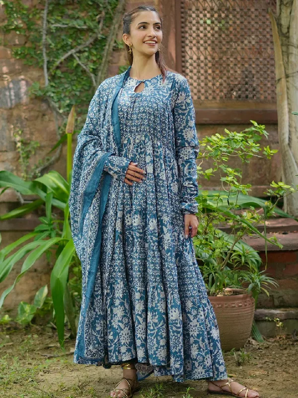 Women's Jumpsuits with Cropped LengthBlue Printed Cotton A-Line Kurta With Trousers & Dupatta