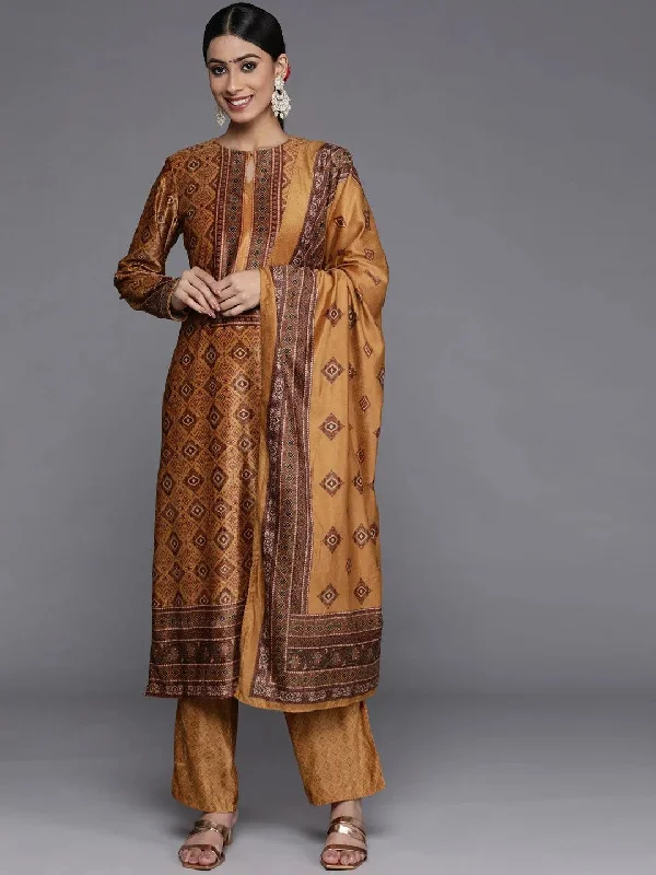 Women's Jumpsuits with Square NeckMustard Printed Velvet Straight Kurta With Dupatta