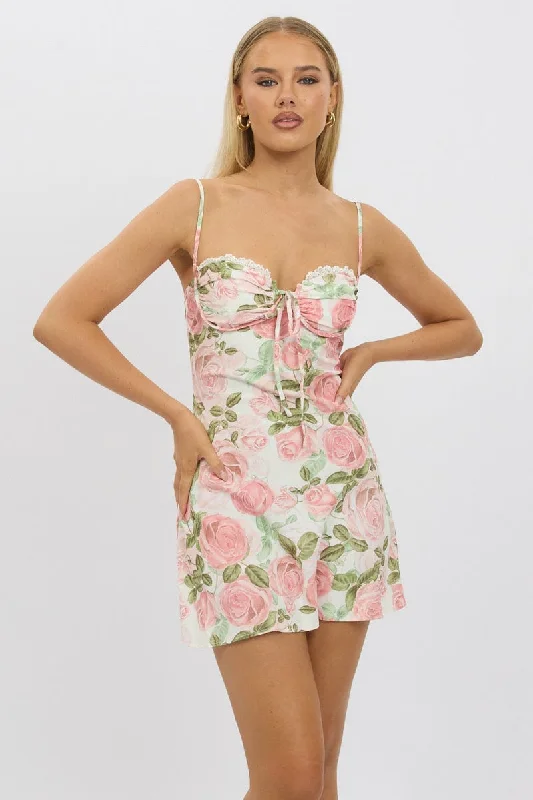 Women's Shirt Collar DressesPink Floral Mini Dress Strappy