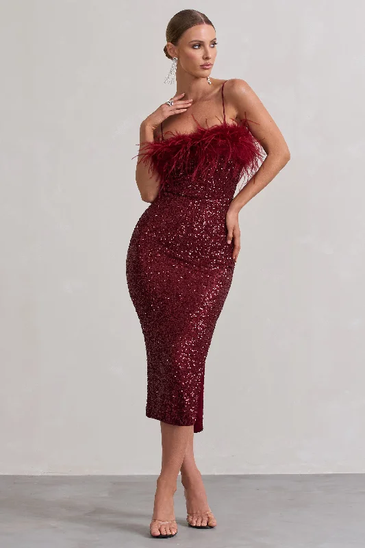 Women's Boat-Neck DressesIn Your Head | Plum Sequin Strappy Midi Dress With Feathers