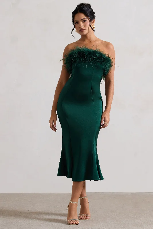 Women's Narrow-Neck DressesOne And Only | Bottle Green Satin Feather Trim Midi Dress