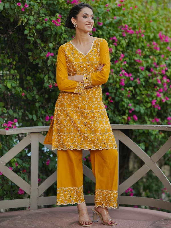 Women's Jumpsuits with Elastic WaistMustard Embroidered Cotton Co-Ords