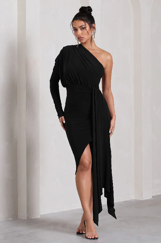 Women's U-Shaped Collar DressesCatherine | Black One Sleeve Asymmetric Midi Dress With Statement Drape