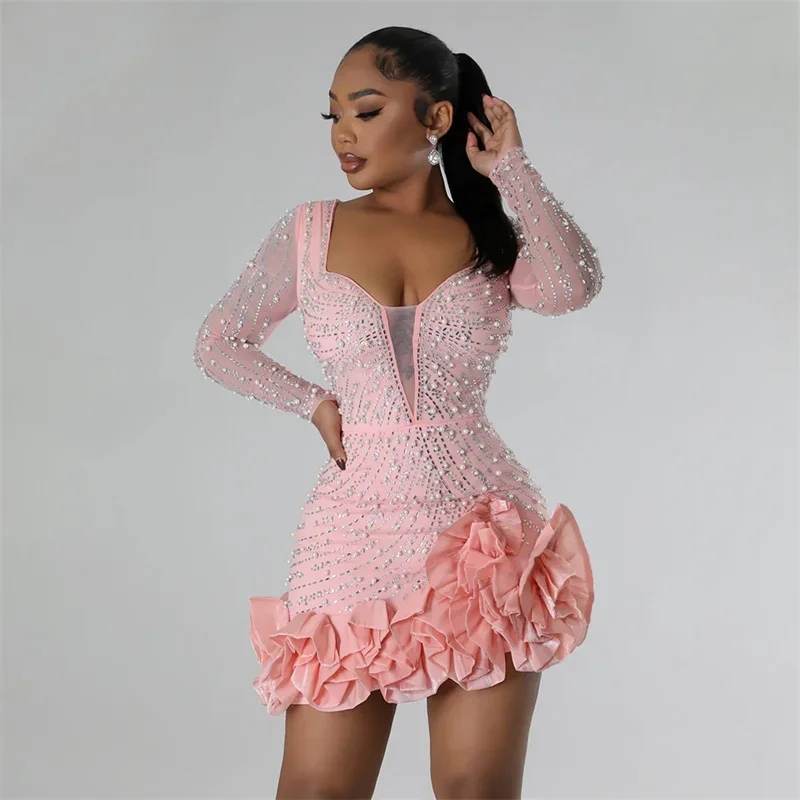 Women's U-Back DressesNew Women Mesh Sleeve Bodycon Sexy Diamonds Birthday Party Dress Tierred Ruffles Rhinestone Pearls Night Club Dress Pink